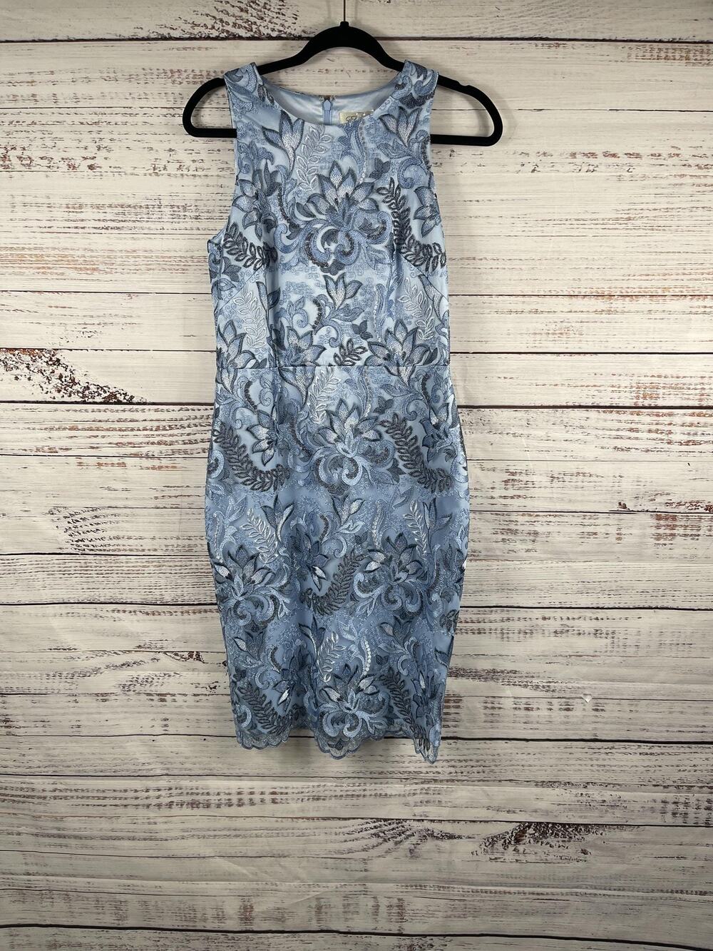 Eliza J Dress Women's Small Blue Metallic Floral Lace Sheath Sleeveless Cocktail